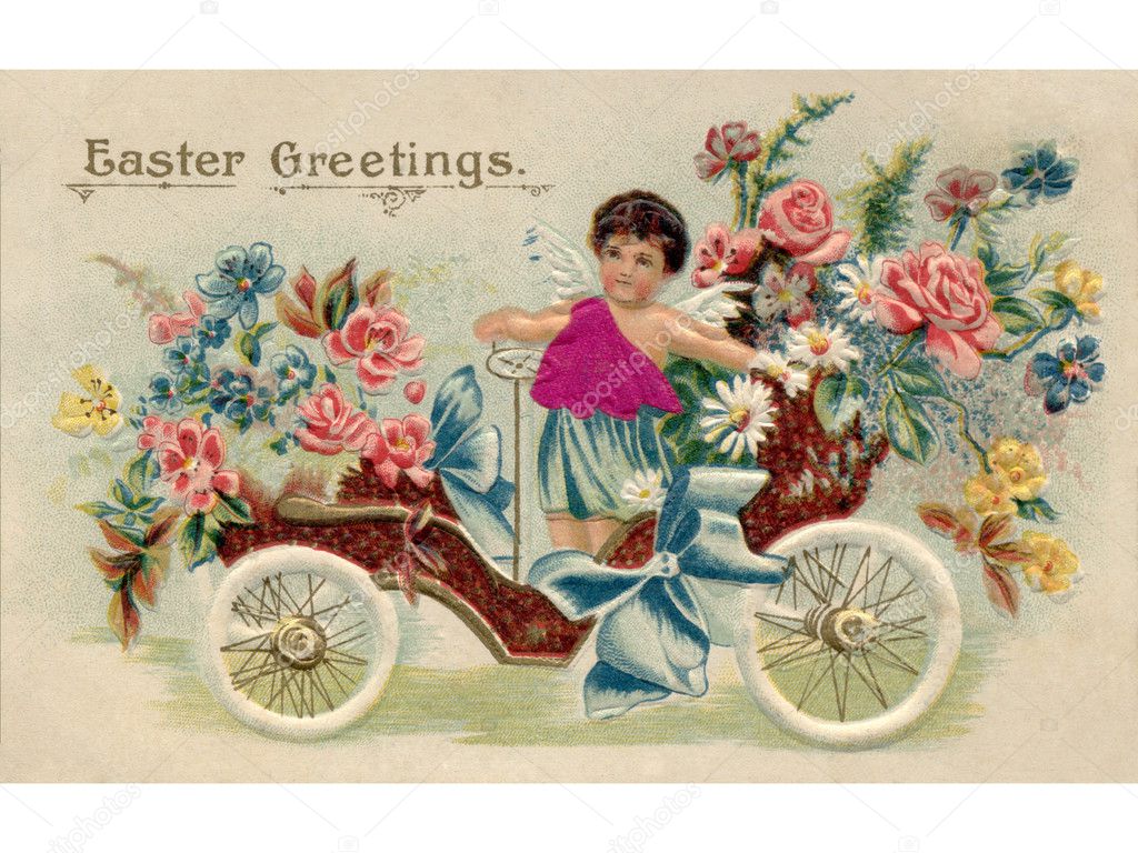 A vintage Easter postcard with a cherub riding an antique car full of flowers