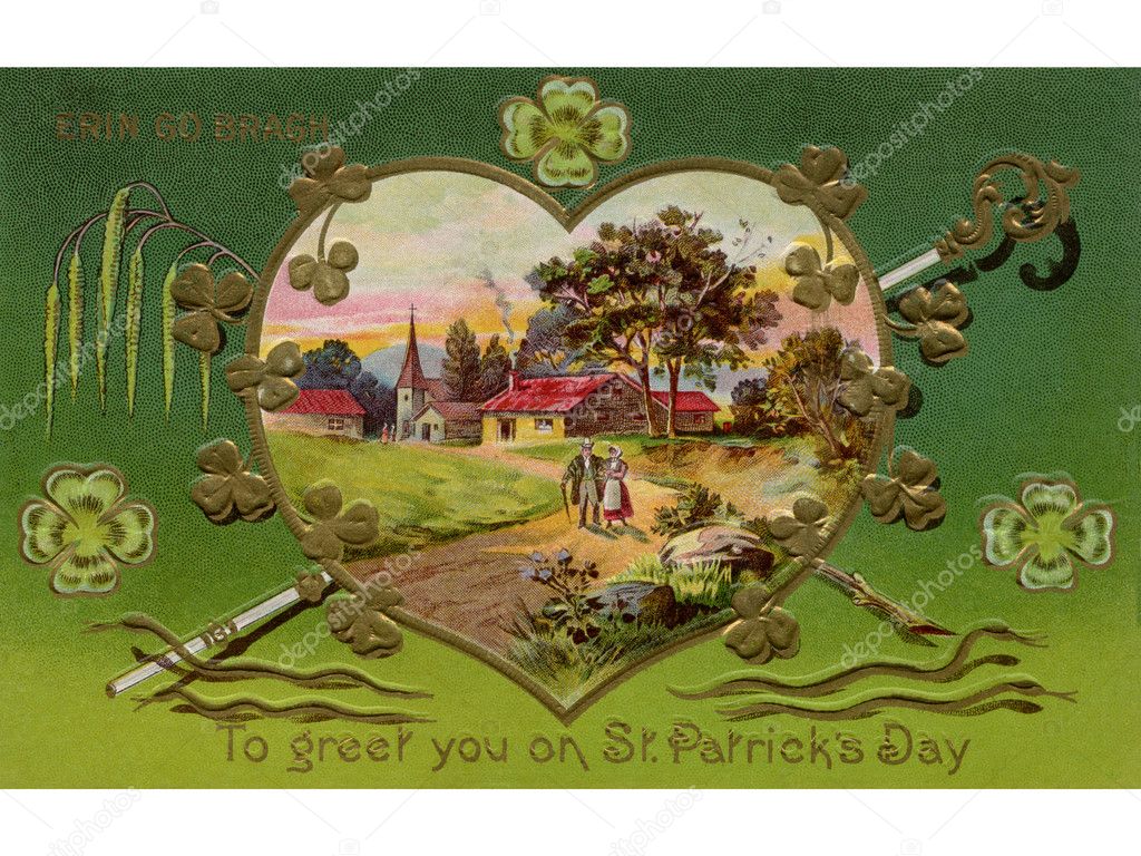 A vintage card of a rural Irish landscape in a heart shaped frame