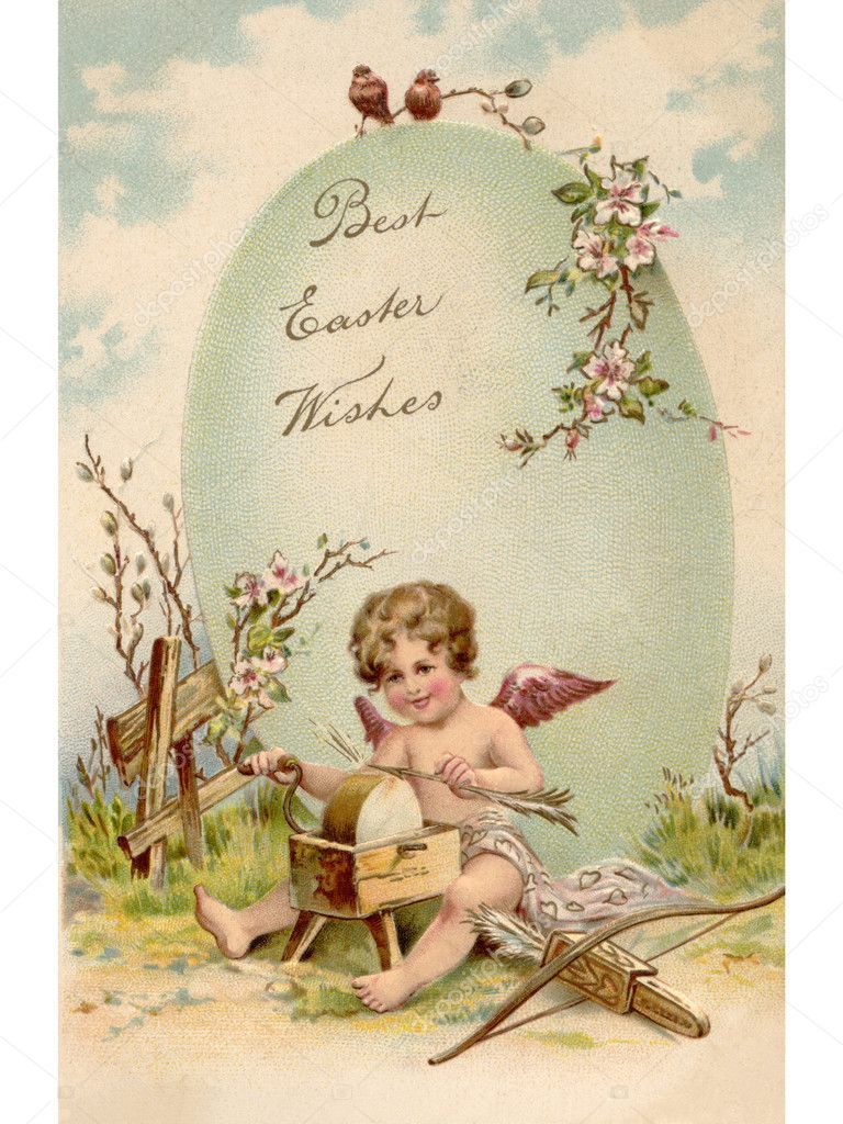 A vintage Easter postcard of a cupid making arrows and a large Easter egg