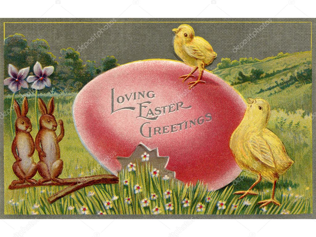 A vintage Easter postcard of chicks and rabbits on an Easter egg