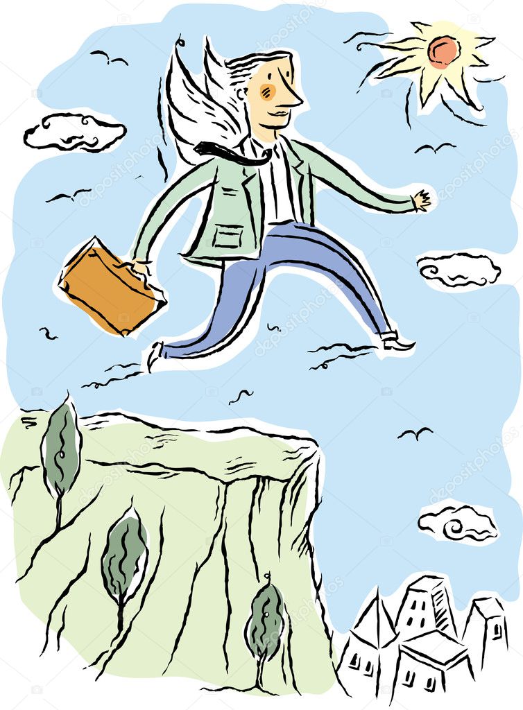 Business man leaping from cliff