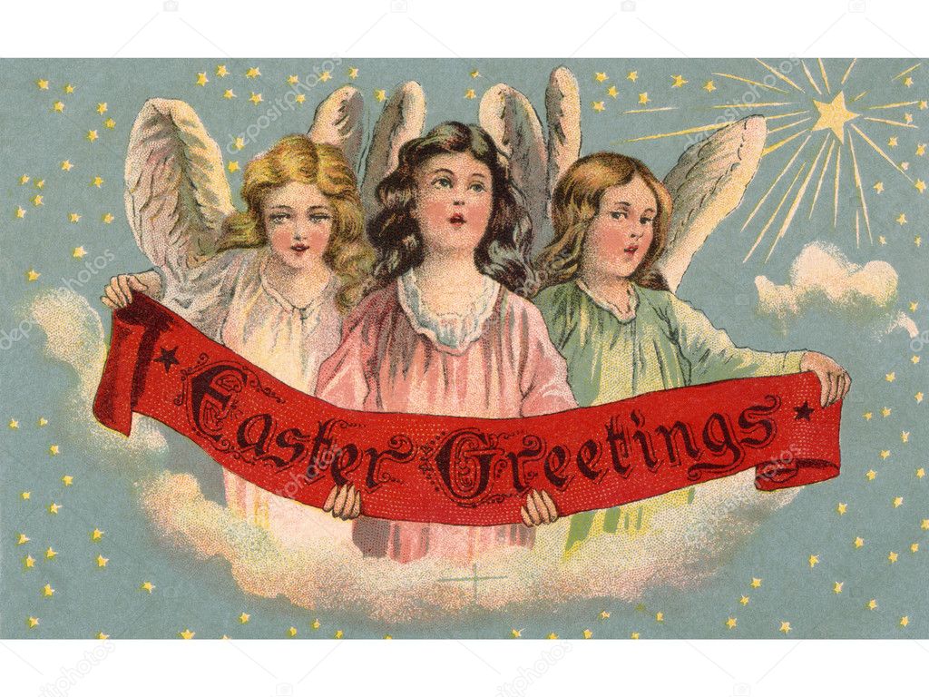 A vintage Easter postcard of three angels holding a banner