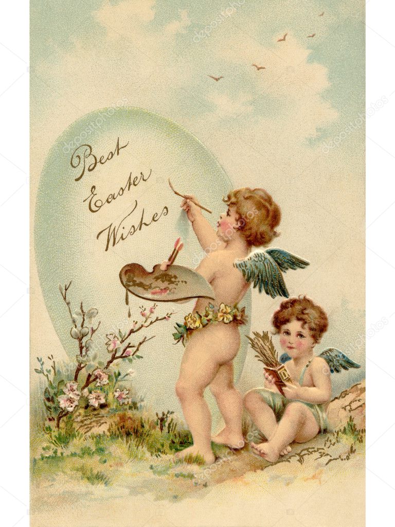 A vintage Easter postcard of two cherubs painting an Easter egg