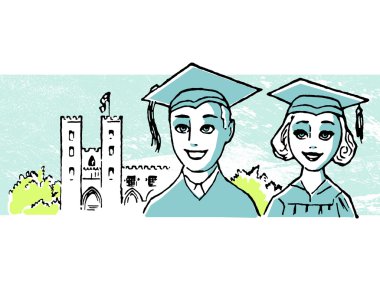 Retro image of a young man and woman in graduation attire in front of an educational institute clipart