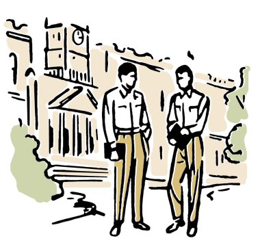 Retro image of two men dressed in business attire standing in front of an educational institute clipart