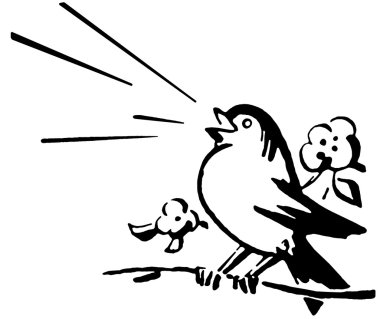 A black and white version of a bird sitting on a tree branch singing clipart