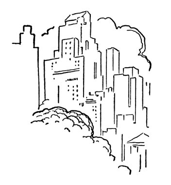 A black and white version of a cluttered city sky line clipart