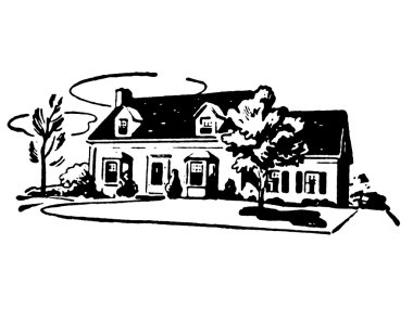 A black and white version of an illustration of a suburban home clipart