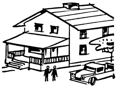 A black and white version of an illustration of a home with a Ute in the driveway clipart