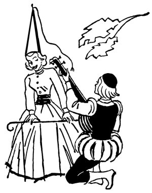A black and white version of an illustration of a man serenading woman during the renascence era clipart