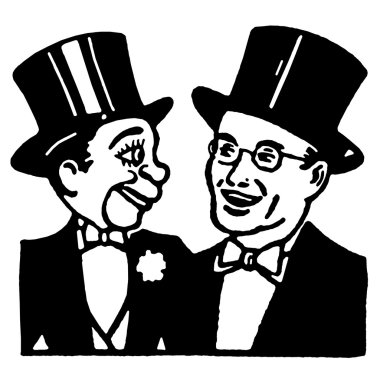 A black and white version of a man dressed in tails performing a ventriloquist show clipart
