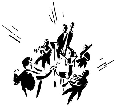 A black and white version of an illustration of a man conducting an orchestra clipart
