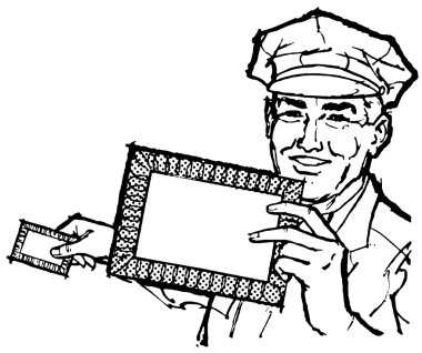 A black and white version of a delivery driver holding a blank letter clipart