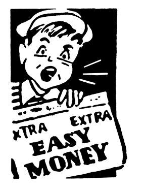 A black and white version of a young newspaper boy holding a newspaper that reads Easy Money clipart