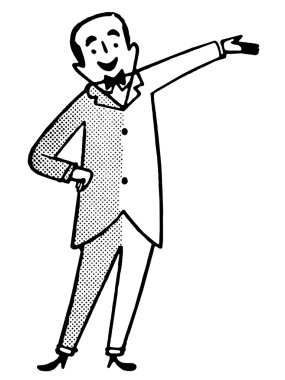 siyah beyaz bir adamı çizim karikatür tarzı sürümü paketi papyon ile giyinmiş