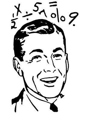 A black and white version of a portrait of a man with mathematical equations surrounding him clipart