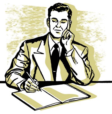 A graphic illustration of a business man working hard at his desk clipart