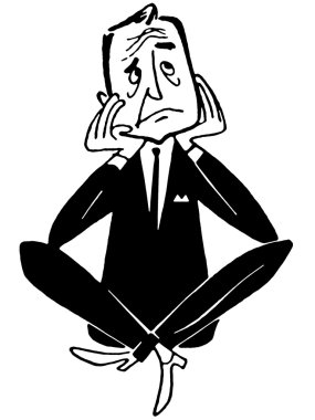 A black and white version of an illustration of a worried looking businessman clipart