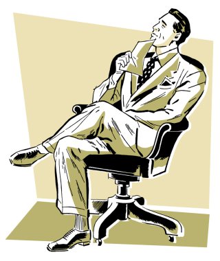 A graphic illustration of a businessman looking perplexed in his office chair clipart