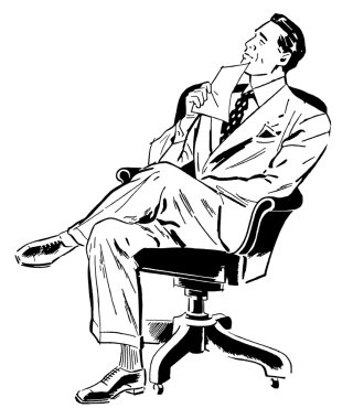 A black and white version of a graphic illustration of a businessman looking perplexed in his office chair clipart