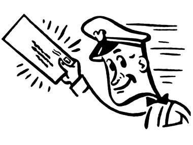 A black and white version of a postal worker delivering mail clipart