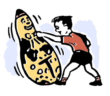 A black and white version of a young boy punching with a large clown clipart