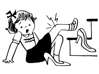 A black and white version of a young girl has fallen over playing in he mothers high heels clipart