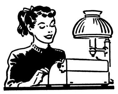 A black and white version of a young woman working on a typewriter clipart