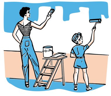 A mother and child painting walls together clipart