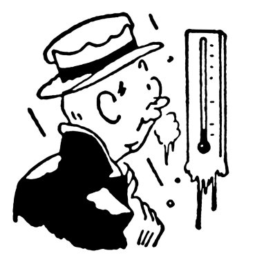 A black and white version of a man freezing whilst checking a thermostat clipart