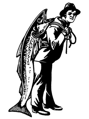 A black and white version of a man carrying a fish almost as big as he is clipart