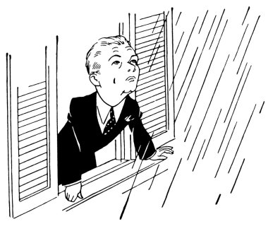 A black and white version of a young boy staring at the falling rain clipart