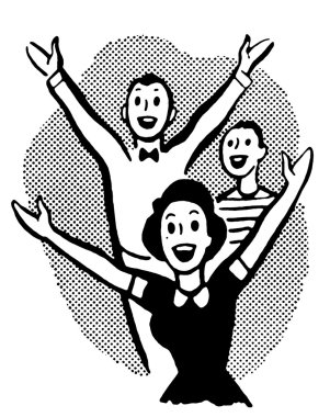 A black and white version of a group of excited young clipart