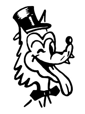 A black and white version of a winking wolf wearing a top hat clipart