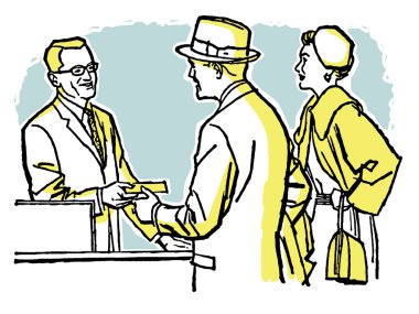 A vintage illustration of a couple talking with a pharmacist clipart