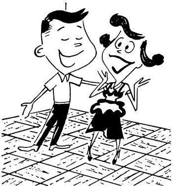 genç bir çiftin dans pistinde çizim karikatür tarzı siyah beyaz versiyonu