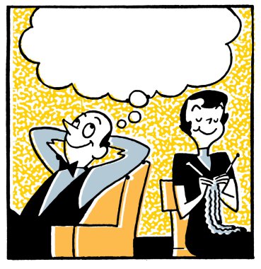 A cartoon style image of a couple with a large speech bubble above clipart