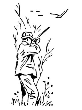 A black and white version of a man pheasant hunting with hounds clipart