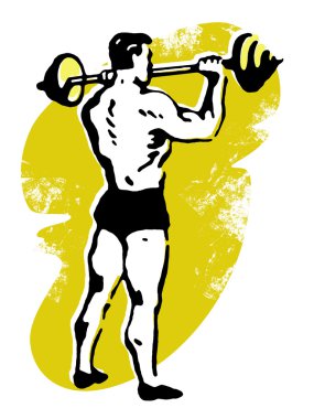 A black and white version of a very muscular man weight lifting clipart