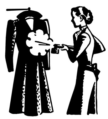 A black and white version of a vintage style image of a woman steaming clothes clipart