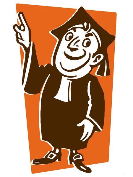 Imagen retro de un joven sonriente vestido de graduación apuntando hacia arriba —  Fotos de Stock