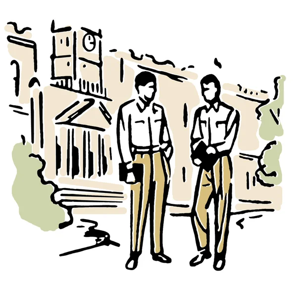 Ретро-изображение двух мужчин в деловой одежде, стоящих перед учебным заведением — стоковое фото