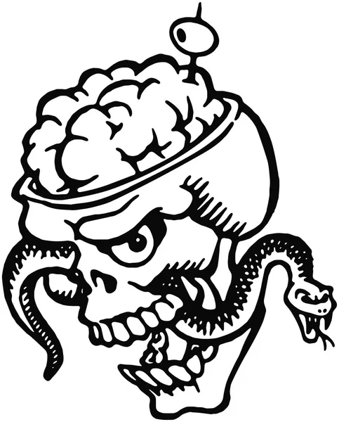 Черно-белая версия черепа с выпуклыми мозгами и зубочисткой, заполненной змеями и оливками — стоковое фото