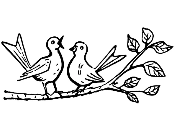 Uma versão em preto e branco de dois pássaros em um galho de árvore cantando — Fotografia de Stock