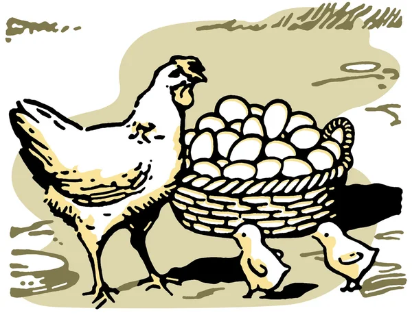 Una ilustración de una gallina con dos polluelos pequeños y una gran cesta de huevos —  Fotos de Stock