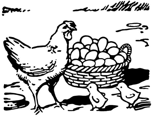En svartvit version av en illustration av en höna med två små kycklingar och en stor korg med ägg — Stockfoto