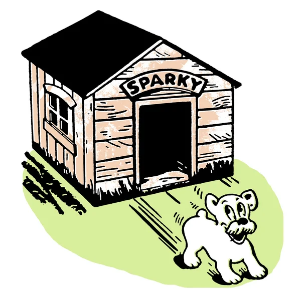 Черно-белая версия рисунка в стиле мультфильма, изображающего собаку, выпрыгивающую из питомника — стоковое фото