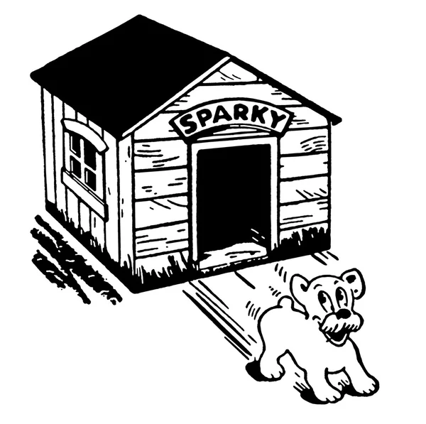 A black and white version of a cartoon style drawing of a dog skidding from its kennel — Stock Photo, Image