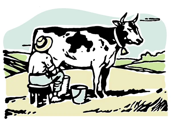 Um homem ordenhando uma vaca em um campo — Fotografia de Stock