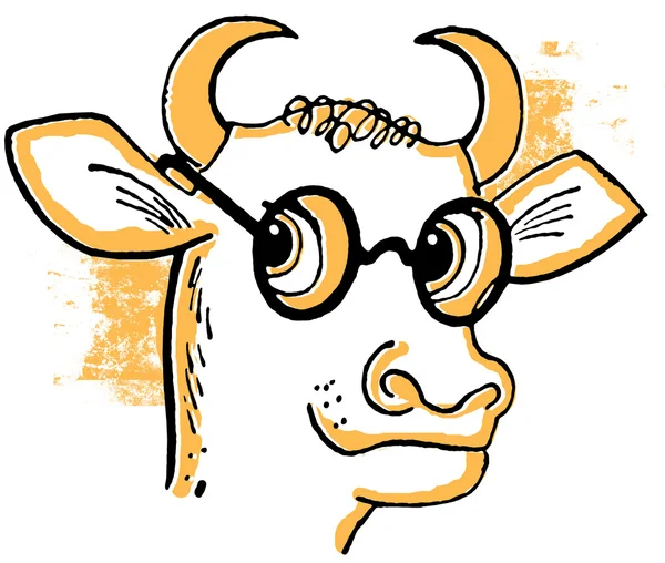 A cartoon style drawing of a bull wearing rounded specials — Stock Photo, Image